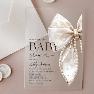 Elegant Pearl Bow Girl Baby shower Acryl Uitnodigingen