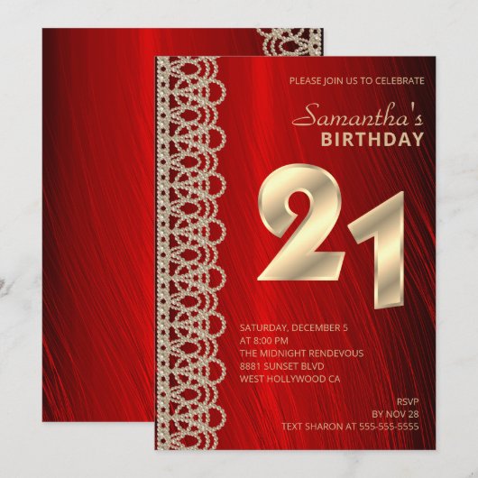Elegant Pearl et Red Satin Invitation Anniversaire (Devant / Derrière)