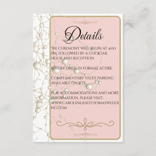Elegant Pearl Gold Script Wedding Romantic Pearls Informatiekaartje (Voorkant)