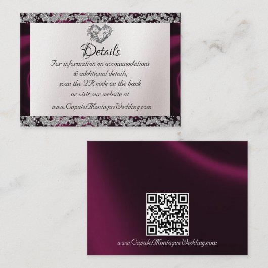 Elegant Pearl, Paarse Ribbon & Sparkle QR Code Informatiekaartje (Voorkant / Achterkant)