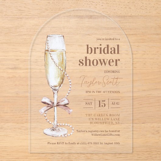 Elegant Pearls and Prosecco Arch Acryl Uitnodigingen (Voorkant)