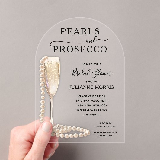 Elegant Pearls en Prosecco Vrijgezellenfeest Acryl Uitnodigingen (Insitu (Draagbaar))