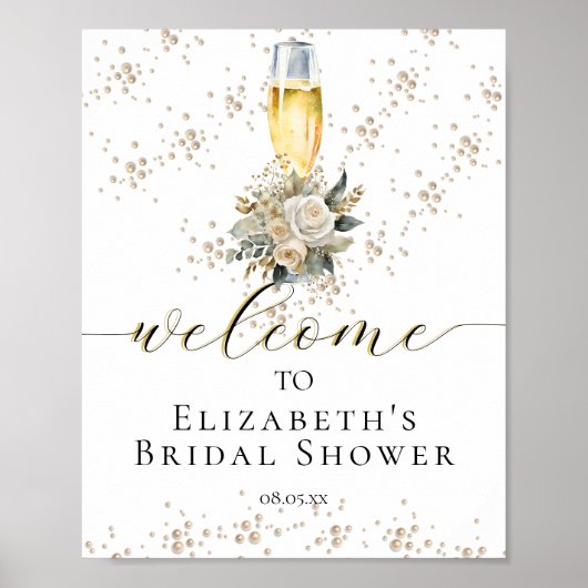 Elegant Pearls & Prosecco Script Affiche de bienve (Devant)