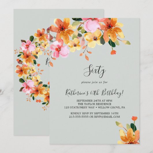 Elégant Peint Floral 60e anniversaire Invitation (Devant / Derrière)