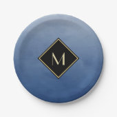 Elegant penseel blauw met eenvoudig goudmonogram papieren bordje (Voorkant)