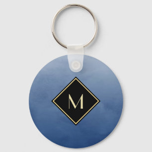 Elegant penseel blauw met eenvoudig goudmonogram sleutelhanger