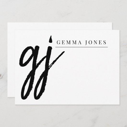 Elegant penseelscript zwart monogram notitiekaartje (Voorkant / Achterkant)