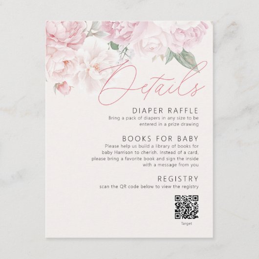 Elegant Peonies Meisje Baby shower Details QR Code Informatiekaartje (Voorkant)
