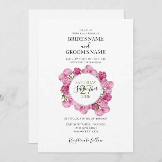 Elégant Peonies roses Invitations de mariage (Devant / Derrière)