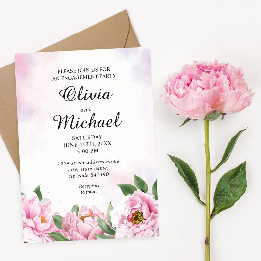 Elegant Peony Minimalist Verloving Invitation Kaart