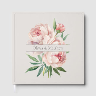 Elegant Peony Wedding Guestbook – Beige Design Gastenboek