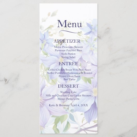 Élégant Periwinkle Clematis Menu Mariage (Devant)