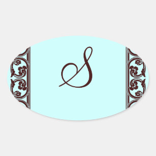 Elegant persoonlijk monogram in chocolade en Blauw Ovale Sticker
