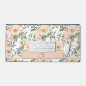 Elegant Perzik Bloemen Waterverf Monogram Bureaumat (Keyboard & Muis)