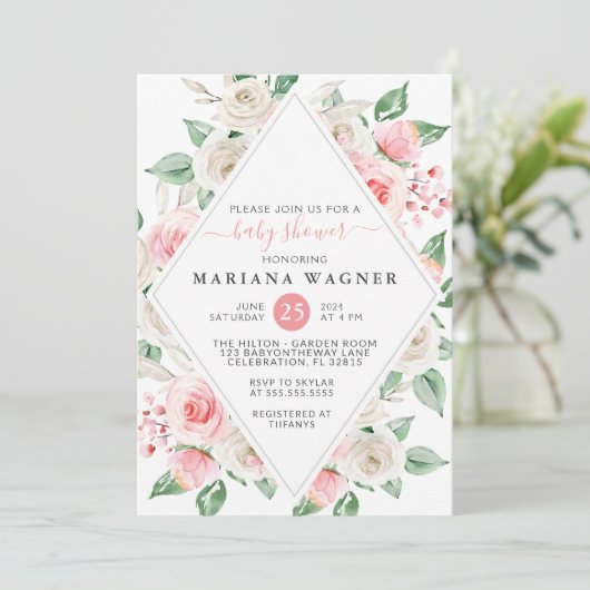 Elegant perzik bloemig Baby shower Kaart (Staand voorkant)