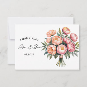 Elegant perzik boeket met diamanten bedankkaart save the date