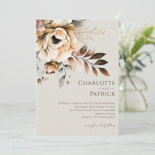 Elegant Perzik Grijs Bruin Waterverf Bloemenbruilo Kaart (Staand voorkant)