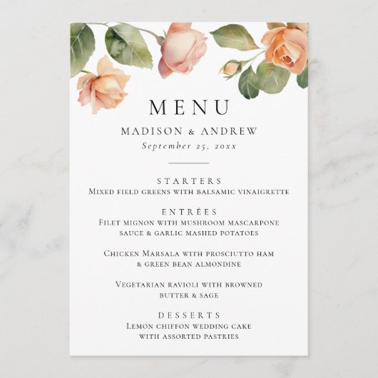 Elegant Perzik Roos Bruiloft Menu (Voorkant)