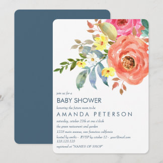 Elegant Perzik Roze en blauw Pioenen Baby shower Kaart