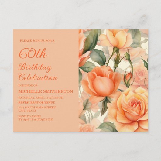Elegant Perzik Sinaasappel Bloemen Rozen 60e Verja Uitnodiging Briefkaart (Voorkant)