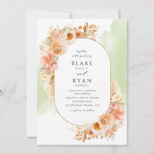 Elegant perzikkreet en groen ovaal huwelijk kaart (Voorkant)