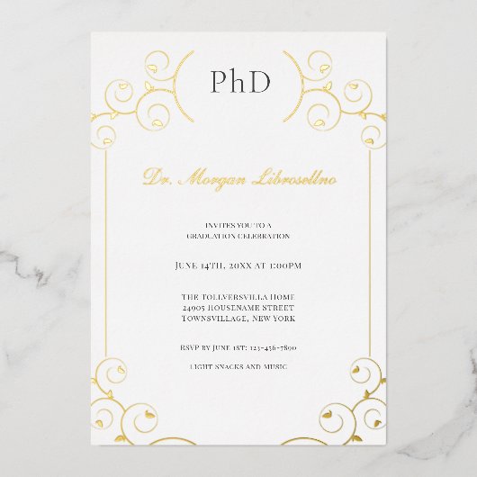 Elegant PhD Gold Grey White Graduation Party Folie Folie Uitnodiging (Voorkant)