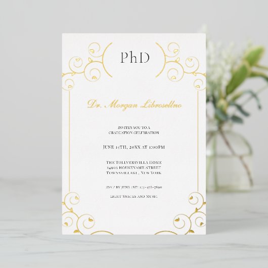 Elegant PhD Gold Grey White Graduation Party Folie Folie Uitnodiging (Staand Voorkant)