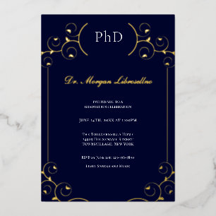 Elegant PhD Gold White Blue Graduation Party Folie Uitnodiging