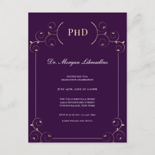 Elegant PhD graad Gold Paarse Graduation Party Uitnodiging Briefkaart