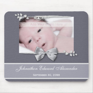 Elegant Photo Birth Announcement Silver Ribbon Muismat