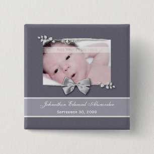 Elegant Photo Birth Announcement Silver Ribbon Vierkante Button 5,1 Cm