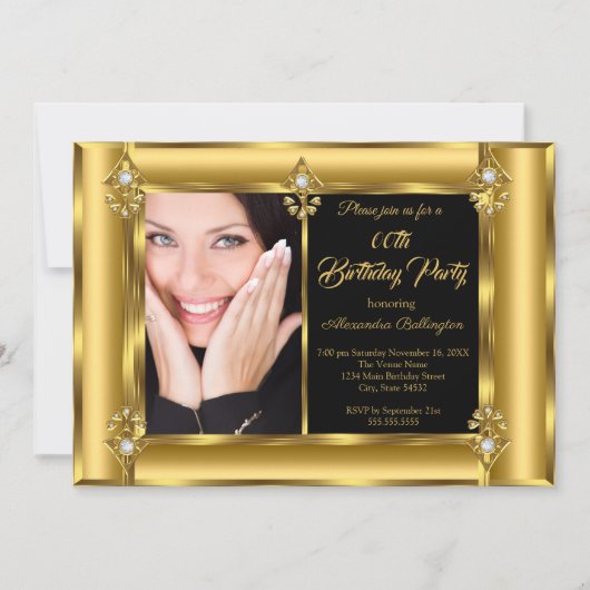 Elegant Photo Birthday Party Black Gold Diamond 2 Kaart (Voorkant)