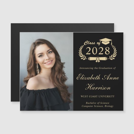 Elegant Photo Black Afstuderen Aankondiging Magnet (Voorkant / Achterkant)