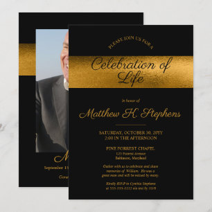Elegant Photo Black Gold Celebration of Life Kaart