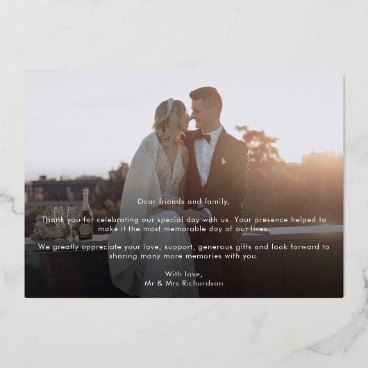 Elégant Photo Black Gold Mariage Carte de remercie (Verso)
