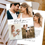 Elégant Photo Collage Mariage Carte de remerciemen<br><div class="desc">Elégante et moderne Mariage "Merci" Calligraphie 3 Photo Collage Card. Modèle mariage élégant avec trois (3) photos sur le devant et une (1) photo sur le dos. Doté d'un texte "Merci" dans une main tourbillonnant lettrage script typographie swash police de queue en noir sur arrière - plan blanc. Personnalisez les...</div>