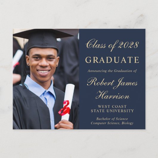 Elegant Photo College Blue Graduparty Uitnodiging Briefkaart (Voorkant)