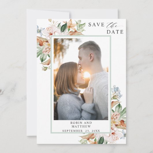 Elegant Photo Earthy Blooms en Green Wedding Save The Date (Voorkant)