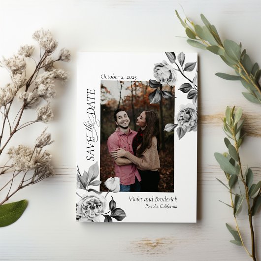 Élégant Photo Floral Noir & Blanc Save The Date