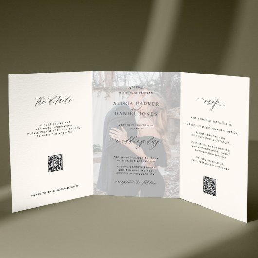 Elegant photo modern wedding RSVP details QR code  Drieluik Uitnodiging