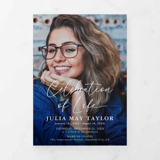 Elegant Photo Overlay Funeral Memorial Programme Drieluik Uitnodiging (Cover)