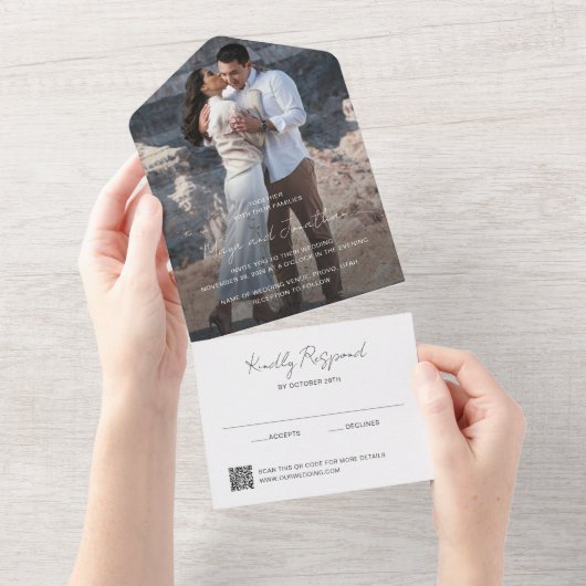 Elegant Photo QR Code Modern Wedding All In One Uitnodiging (Afscheurbaar)