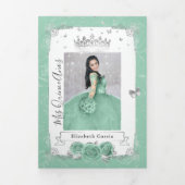 Elegant Photo Silver en Seafoam Green Quinceañera Drieluik Uitnodiging (Cover)