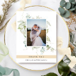 Elégant Photo Verdure Mariage Beige Tan Tan Merci<br><div class="desc">Elégant mariage photo merci carte à plat avec exquise aquarelle verdure présentant votre image. Bande beige brun mettant en vedette le message de remerciement. Retour avec beau monogramme de verdure avec initiales de couple. Capacité de recevoir des cartes avec votre propre message imprimé au dos ou d'effacer notre message et...</div>