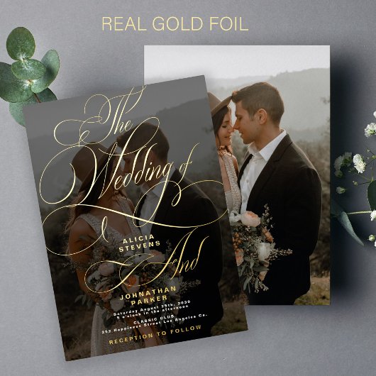 Elegant photogold calligrafie script bruiloft folie uitnodiging