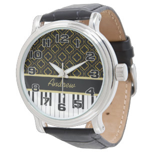 Elegant Piano Keys met Gold Quatrefoil op Black Horloge