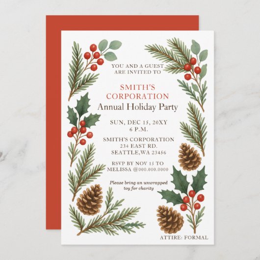 Elegant Pine Berries Corporate Holiday Party Kaart (Voorkant / Achterkant)