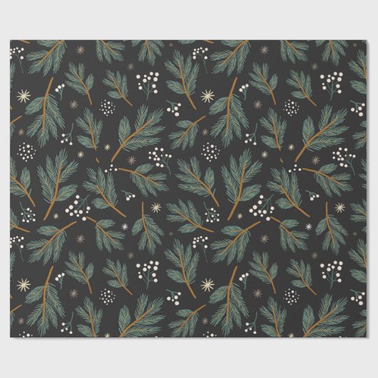 Elegant Pine Branch Christmas Black Cadeaupapier (Vlak)