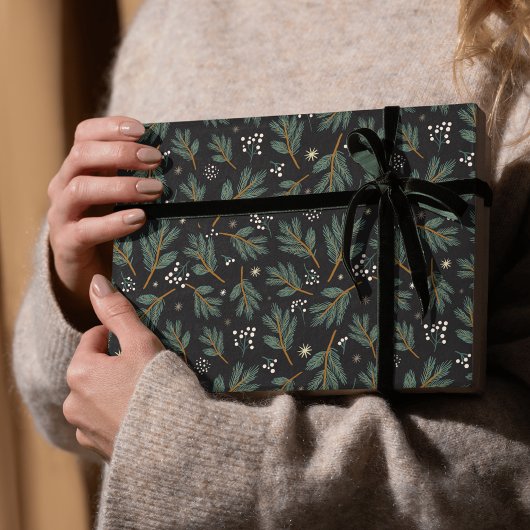 Elegant Pine Branch Christmas Black Cadeaupapier