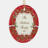 Elegant Pine Tree Branche Dated Family Kerstmis Keramisch Ornament (Rechts)